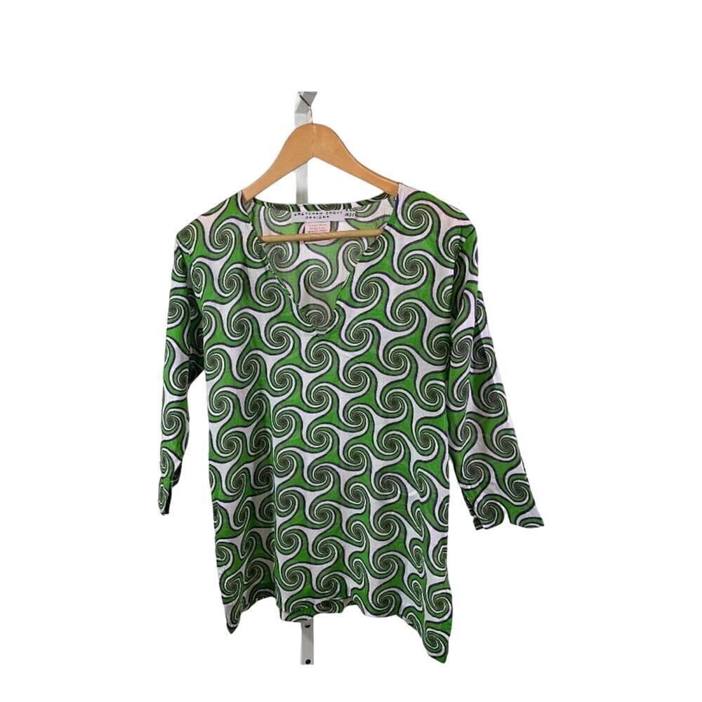 GRETCHEN SCOTT Women’s Abstract Print Cotton Tunic Top Green/Purple Size Small